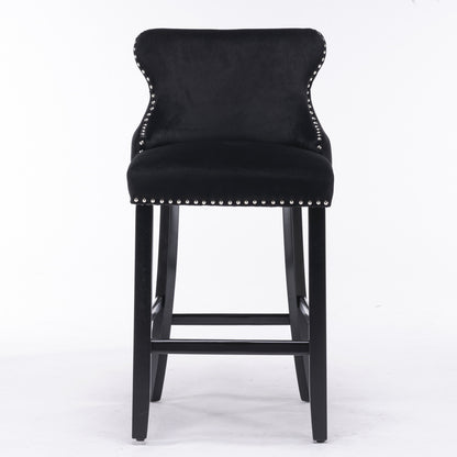 2pcs Chrome Accent Wingback Bar Stools Tufted Velvet with Nailhead and Black Legs- Black