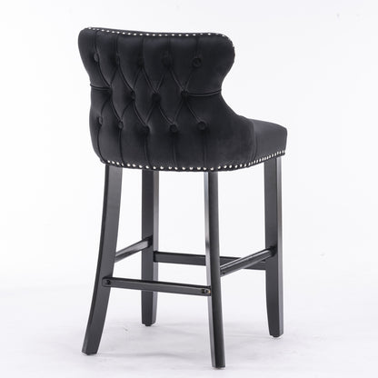 2pcs Chrome Accent Wingback Bar Stools Tufted Velvet with Nailhead and Black Legs- Black