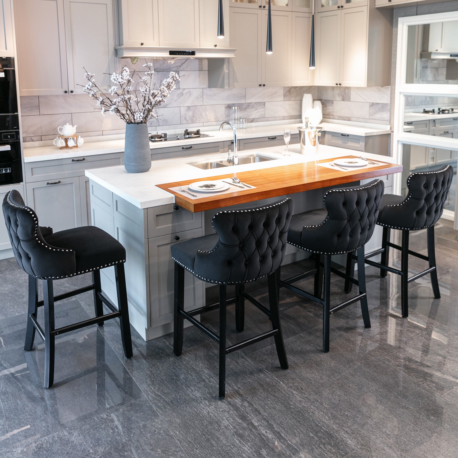 2pcs Chrome Accent Wingback Bar Stools Tufted Velvet with Nailhead and Black Legs- Black