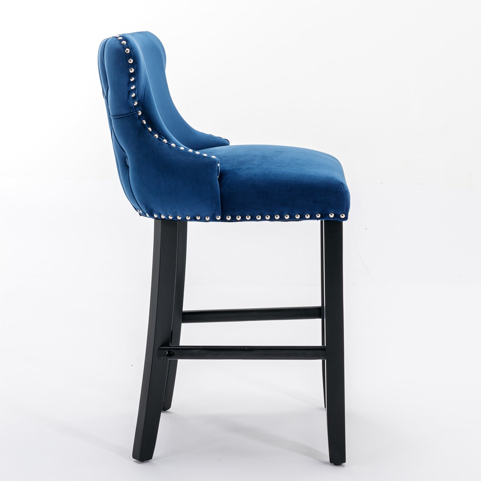 2pcs Chrome Accent Wingback Bar Stools Tufted Velvet with Nailhead and Black Legs- Blue