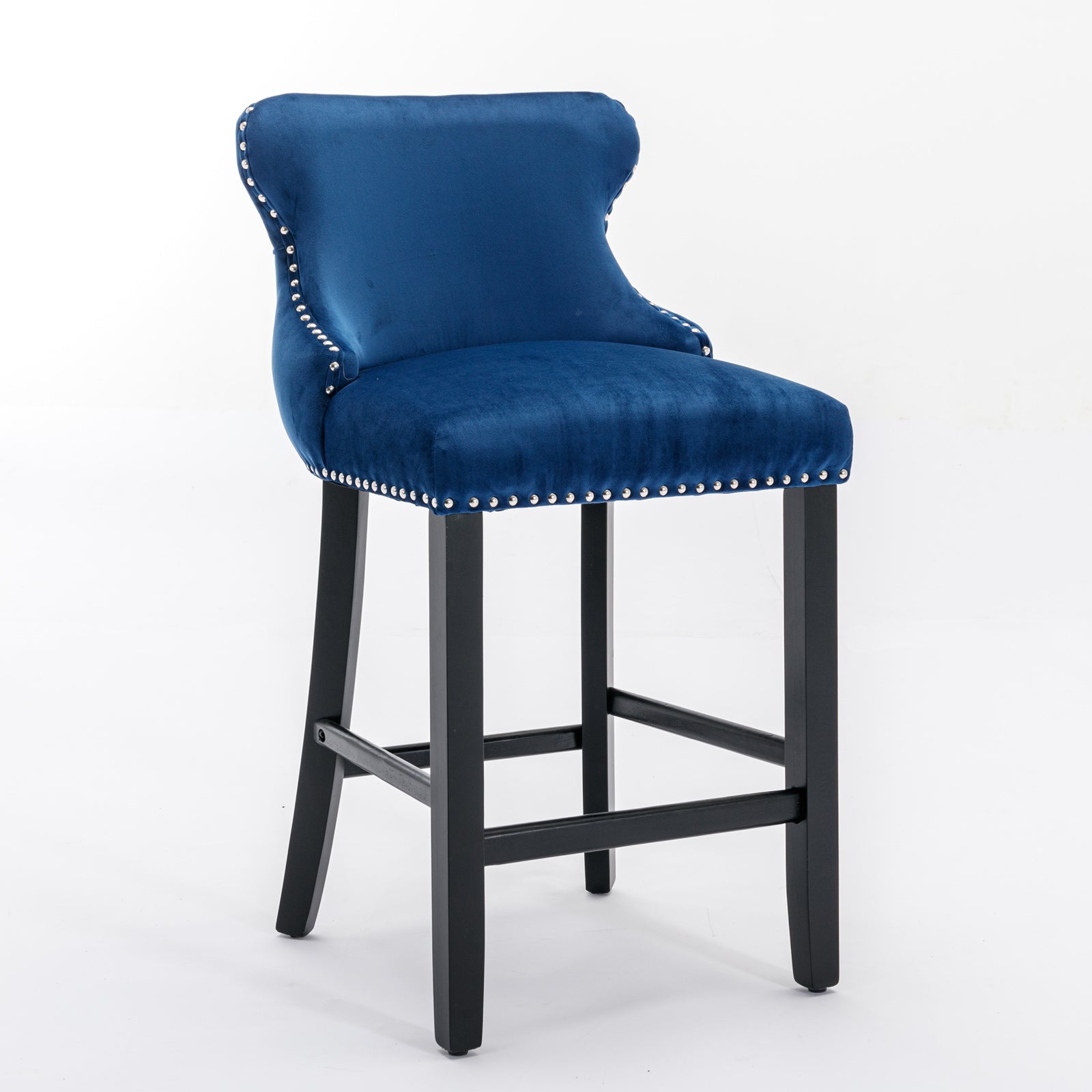 2pcs Chrome Accent Wingback Bar Stools Tufted Velvet with Nailhead and Black Legs- Blue