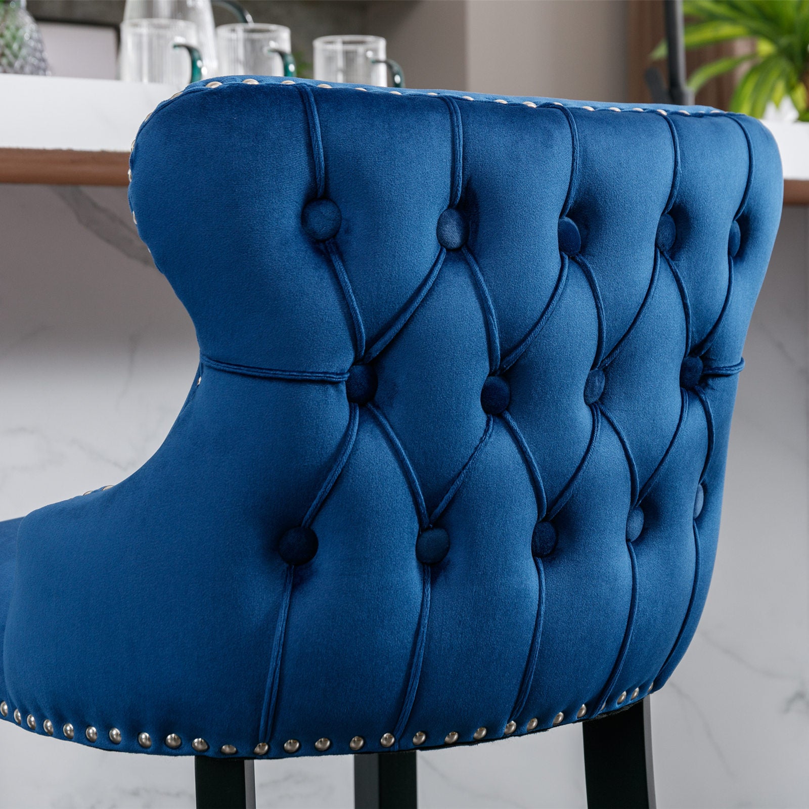 2pcs Chrome Accent Wingback Bar Stools Tufted Velvet with Nailhead and Black Legs- Blue
