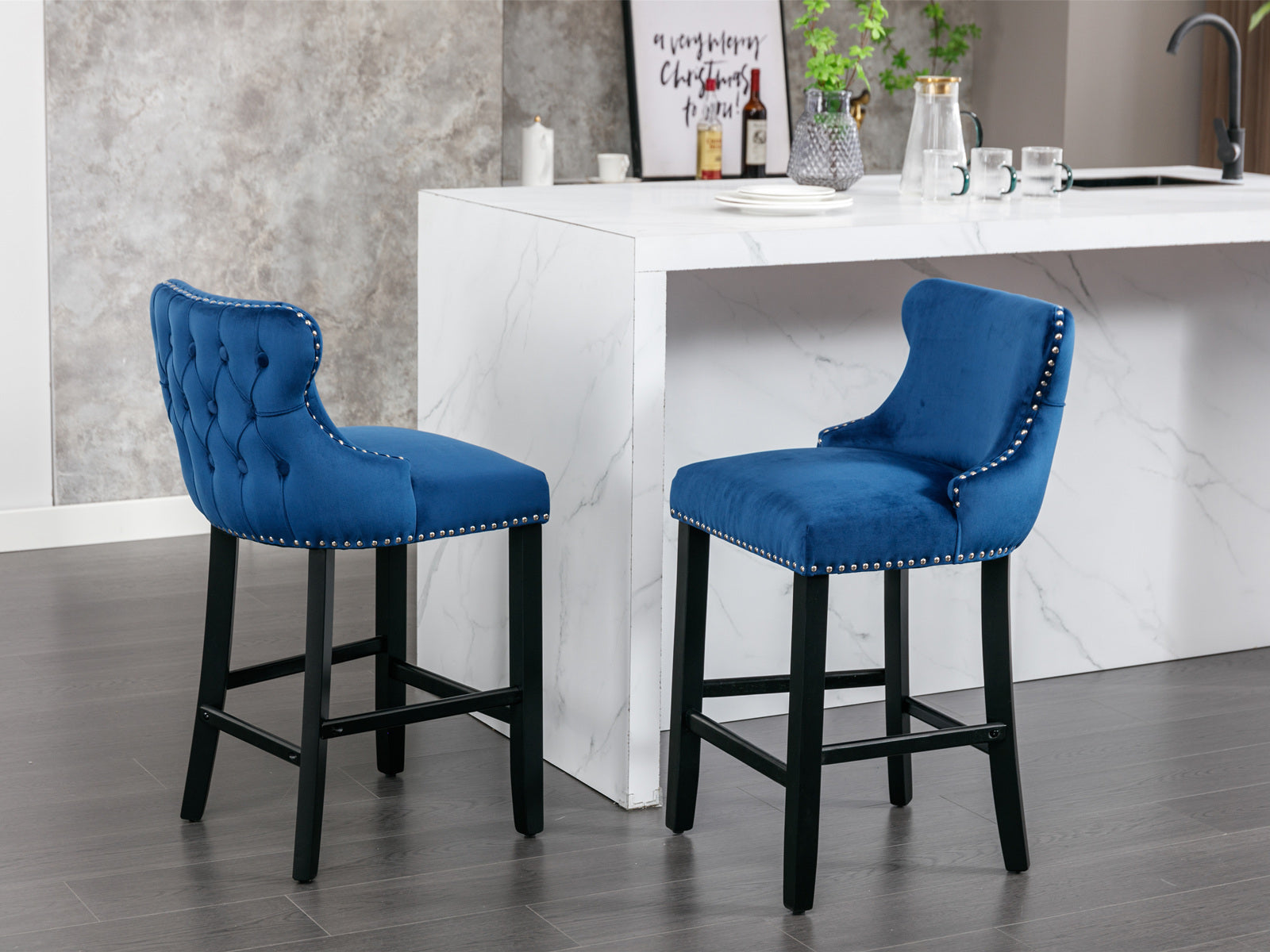 2pcs Chrome Accent Wingback Bar Stools Tufted Velvet with Nailhead and Black Legs- Blue