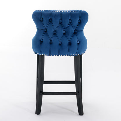 2pcs Chrome Accent Wingback Bar Stools Tufted Velvet with Nailhead and Black Legs- Blue