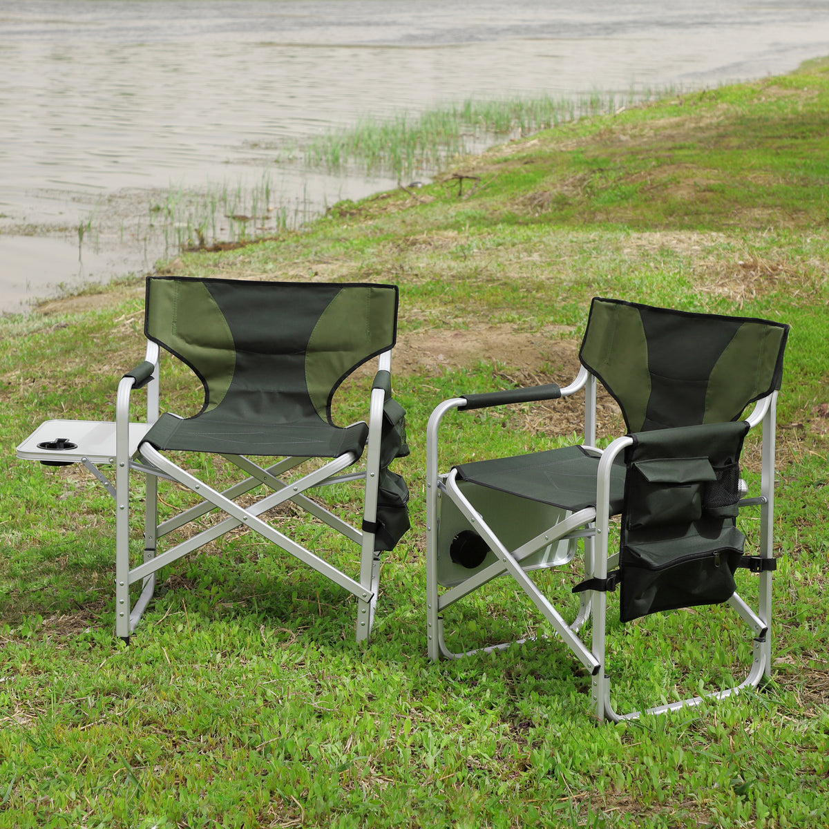 2pcs Padded Folding Outdoor Chair with Pockets Oversized Directors Chair- Green