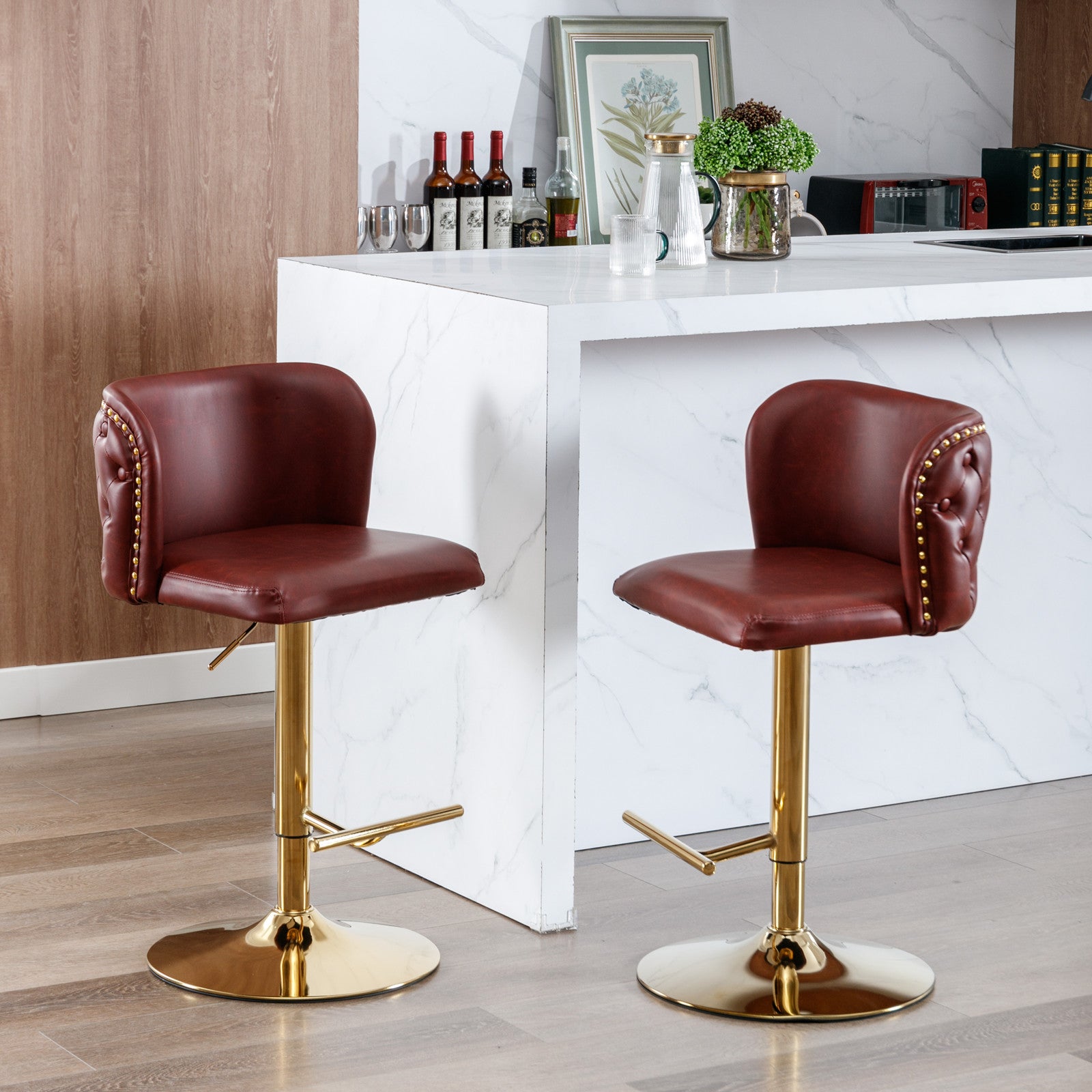 Set of 2 Gold Details Upholstered Whole Back Tufted PU Armless Bar Stools- Burgundy
