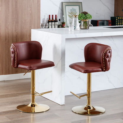 Set of 2 Gold Details Upholstered Whole Back Tufted PU Armless Bar Stools- Burgundy