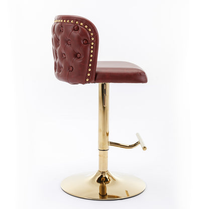 Set of 2 Gold Details Upholstered Whole Back Tufted PU Armless Bar Stools- Burgundy