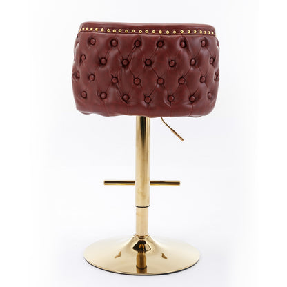 Set of 2 Gold Details Upholstered Whole Back Tufted PU Armless Bar Stools- Burgundy