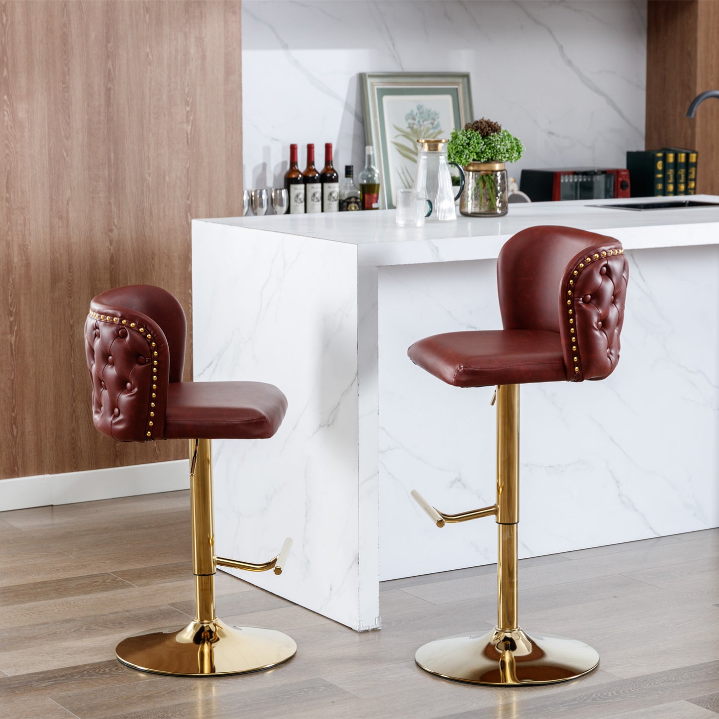 Set of 2 Gold Details Upholstered Whole Back Tufted PU Armless Bar Stools- Burgundy