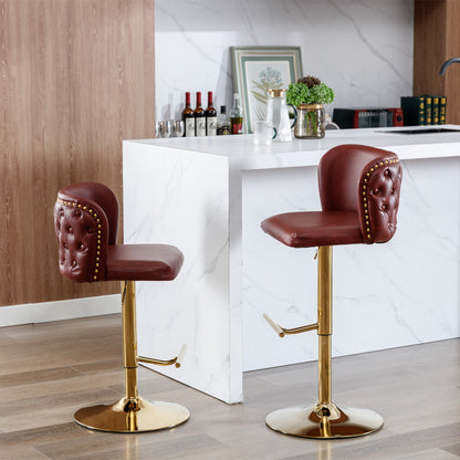 Set of 2 Gold Details Upholstered Whole Back Tufted PU Armless Bar Stools- Burgundy