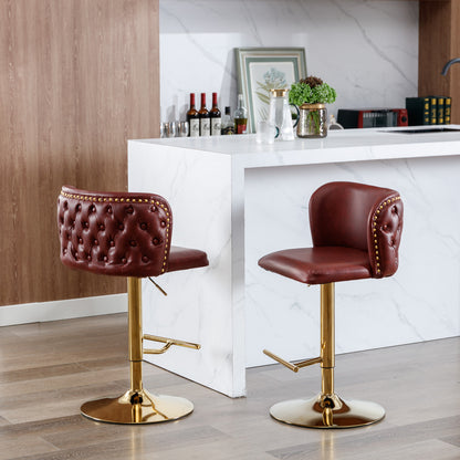 Set of 2 Gold Details Upholstered Whole Back Tufted PU Armless Bar Stools- Burgundy