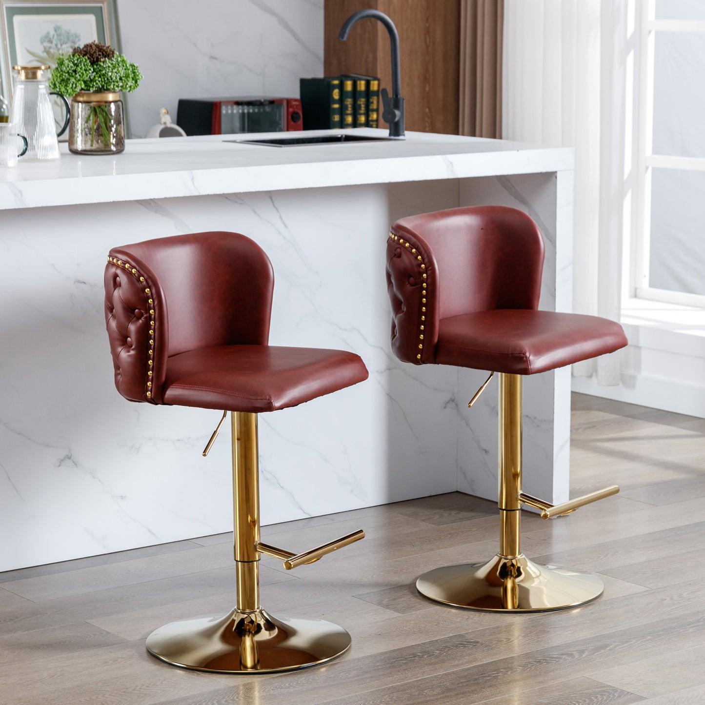 Set of 2 Gold Details Upholstered Whole Back Tufted PU Armless Bar Stools- Burgundy