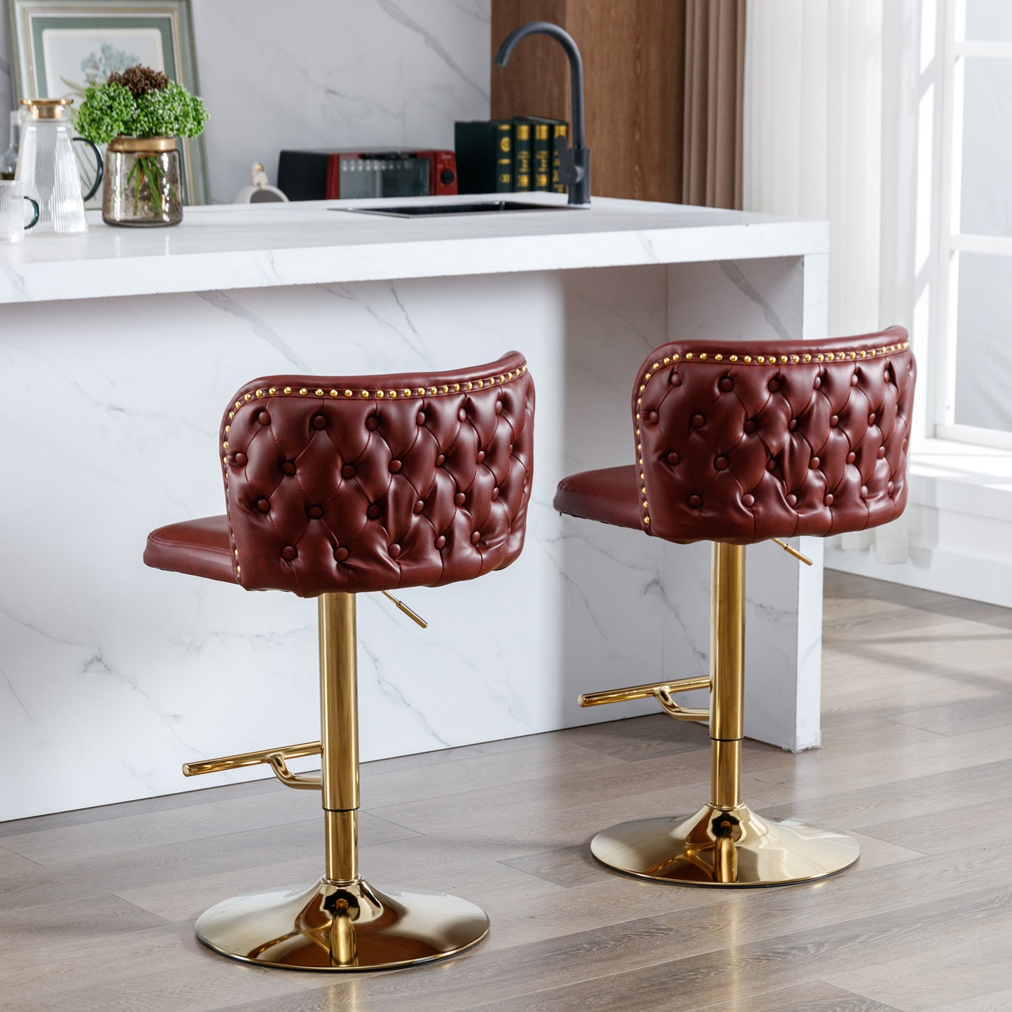 Set of 2 Gold Details Upholstered Whole Back Tufted PU Armless Bar Stools- Burgundy