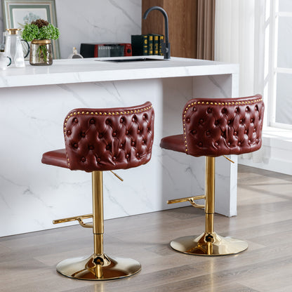 Set of 2 Gold Details Upholstered Whole Back Tufted PU Armless Bar Stools- Burgundy