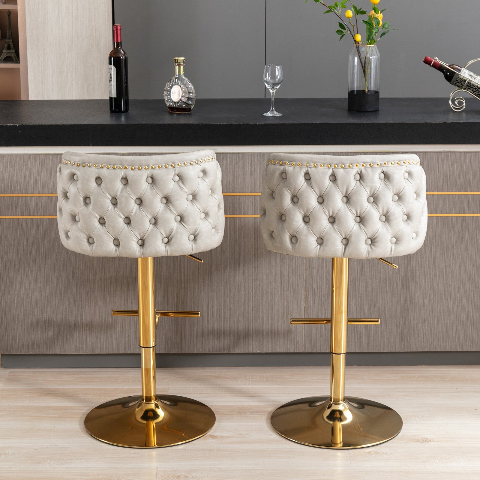 Set of 2 Gold Details Upholstered Whole Back Tufted PU Armless Bar Stools- Beige
