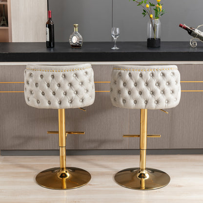 Set of 2 Gold Details Upholstered Whole Back Tufted PU Armless Bar Stools- Beige