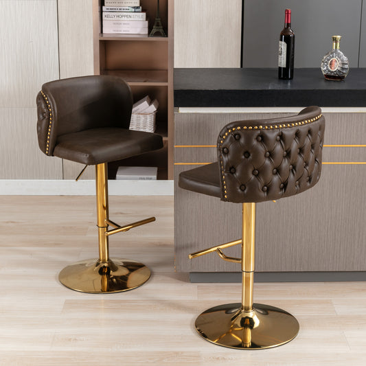 Set of 2 Gold Details Upholstered Whole Back Tufted PU Armless Bar Stools- Brown
