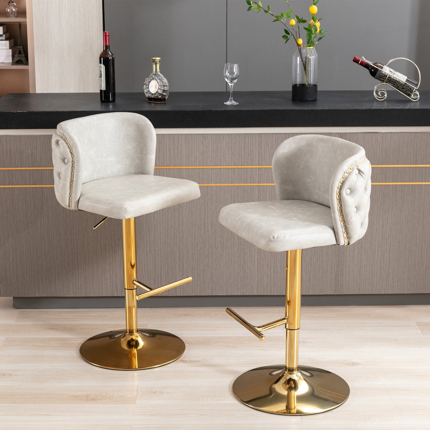 Set of 2 Gold Details Upholstered Whole Back Tufted PU Armless Bar Stools- Beige