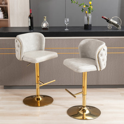 Set of 2 Gold Details Upholstered Whole Back Tufted PU Armless Bar Stools- Beige
