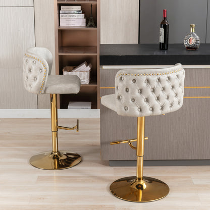 Set of 2 Gold Details Upholstered Whole Back Tufted PU Armless Bar Stools- Beige