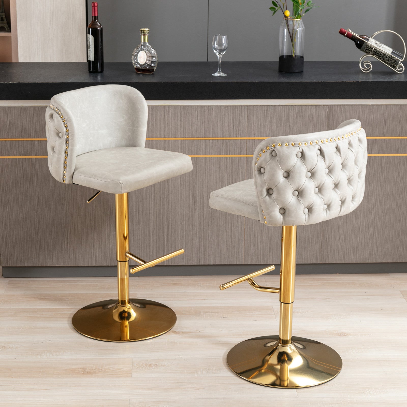 Set of 2 Gold Details Upholstered Whole Back Tufted PU Armless Bar Stools- Beige