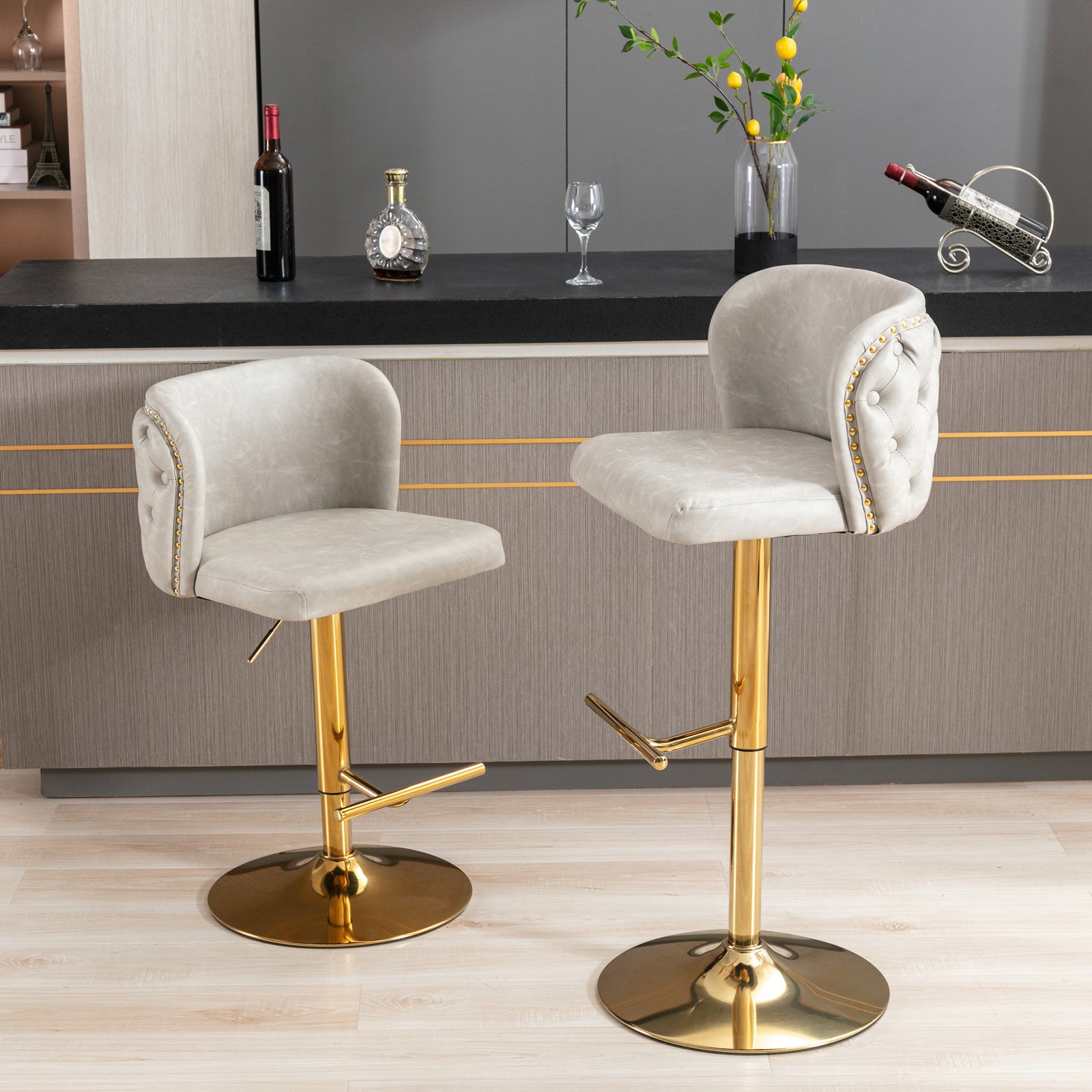 Set of 2 Gold Details Upholstered Whole Back Tufted PU Armless Bar Stools- Beige
