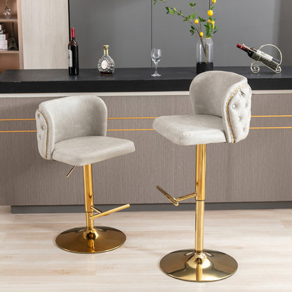 Set of 2 Gold Details Upholstered Whole Back Tufted PU Armless Bar Stools- Beige
