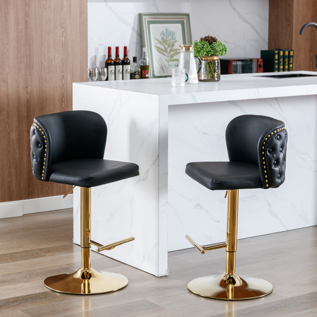 Set of 2 Gold Details Upholstered Whole Back Tufted PU Armless Bar Stools- Black