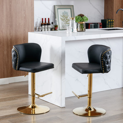Set of 2 Gold Details Upholstered Whole Back Tufted PU Armless Bar Stools- Black