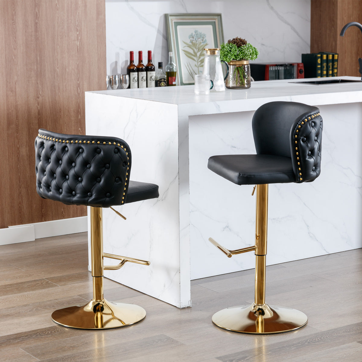 Set of 2 Gold Details Upholstered Whole Back Tufted PU Armless Bar Stools- Black