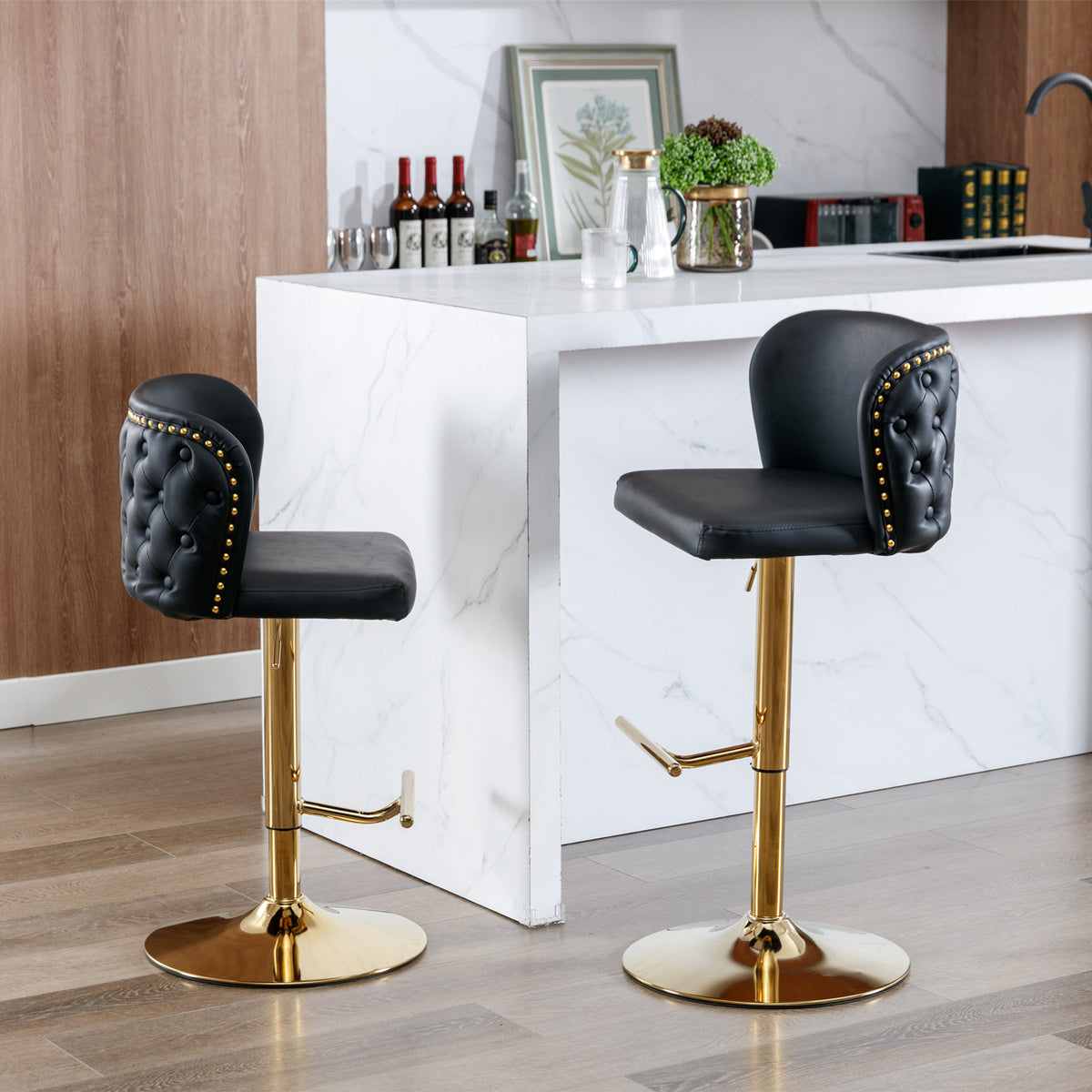 Set of 2 Gold Details Upholstered Whole Back Tufted PU Armless Bar Stools- Black