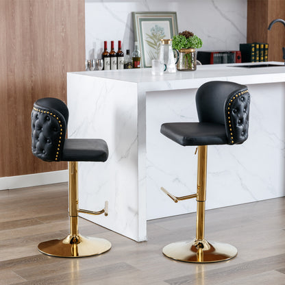 Set of 2 Gold Details Upholstered Whole Back Tufted PU Armless Bar Stools- Black