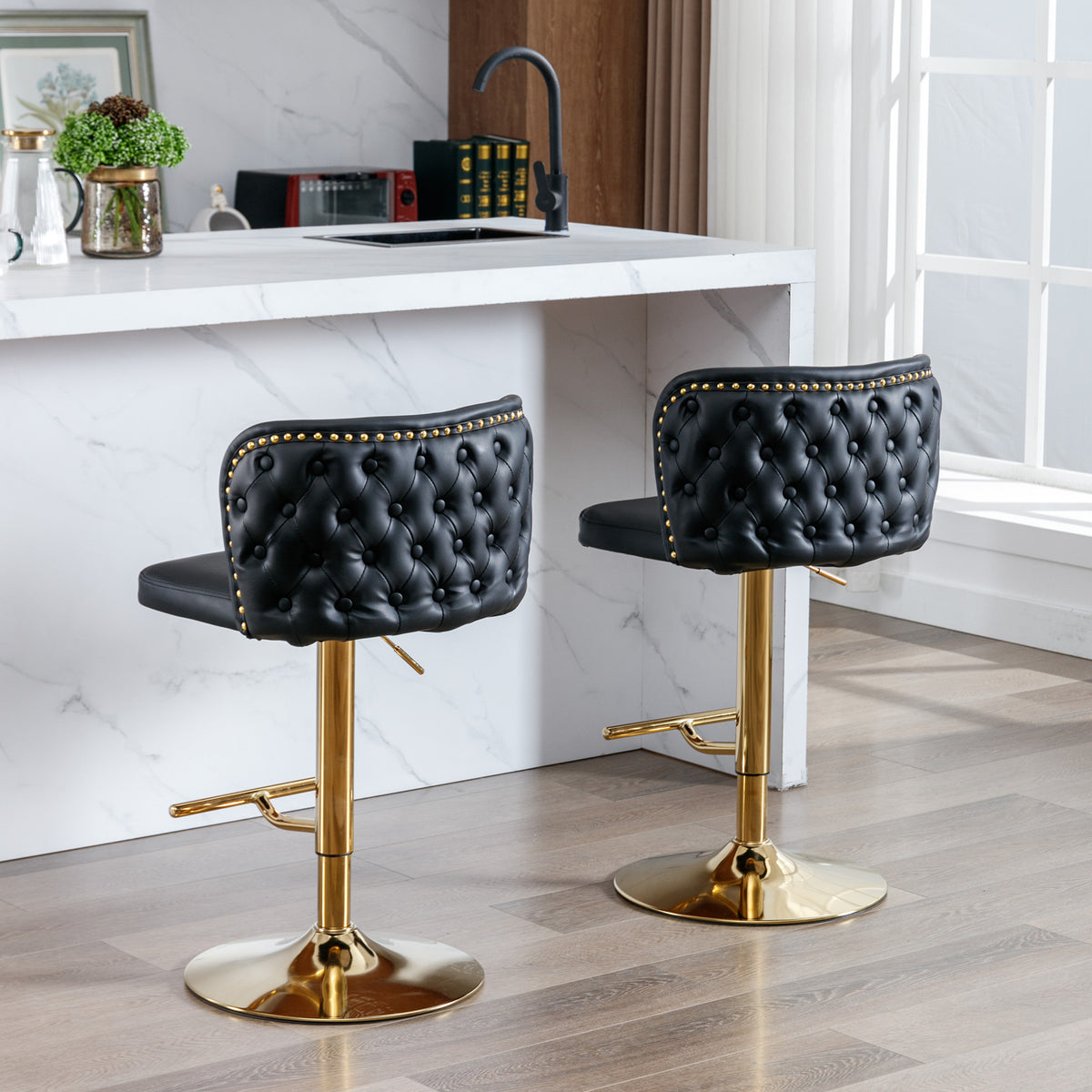 Set of 2 Gold Details Upholstered Whole Back Tufted PU Armless Bar Stools- Black