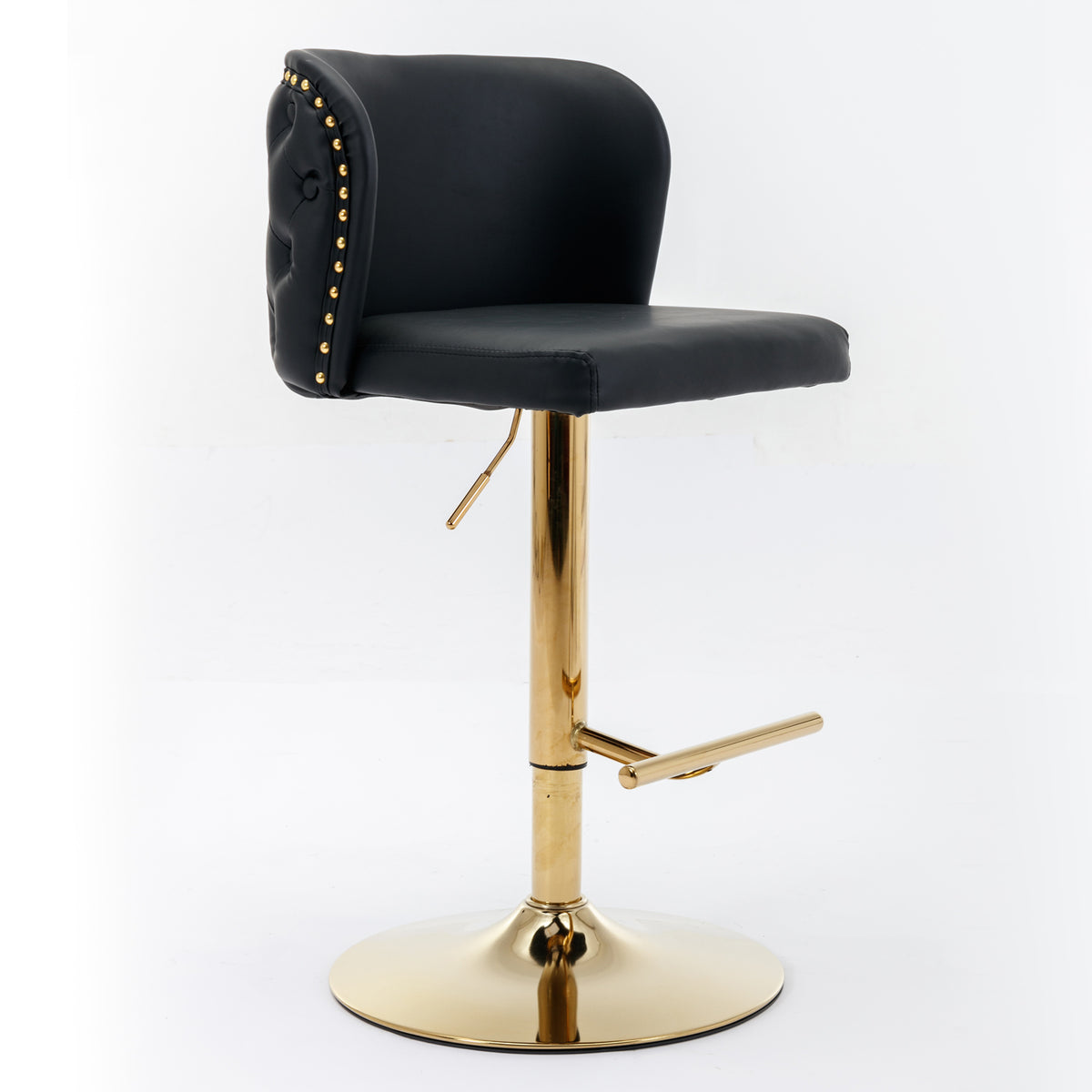 Set of 2 Gold Details Upholstered Whole Back Tufted PU Armless Bar Stools- Black