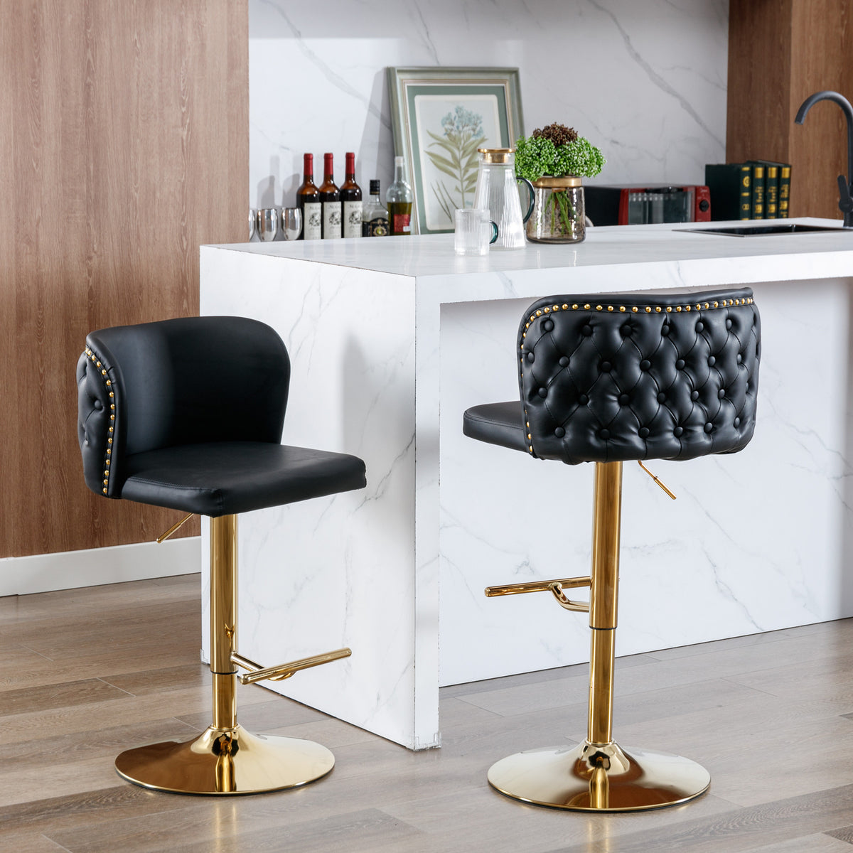 Set of 2 Gold Details Upholstered Whole Back Tufted PU Armless Bar Stools- Black