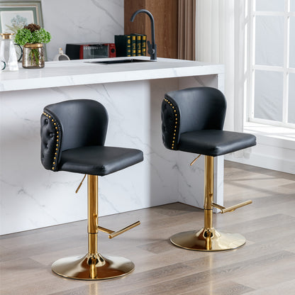 Set of 2 Gold Details Upholstered Whole Back Tufted PU Armless Bar Stools- Black