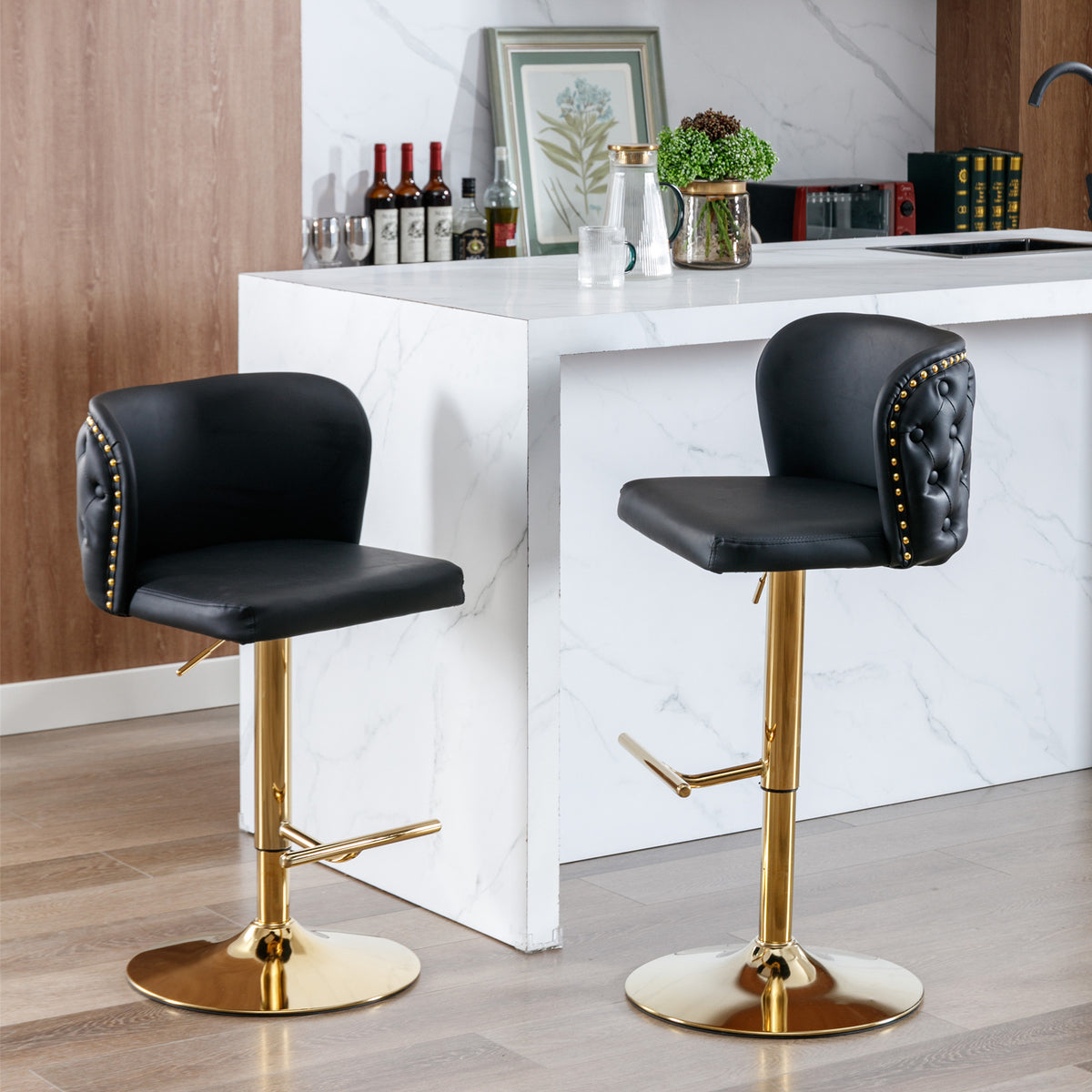 Set of 2 Gold Details Upholstered Whole Back Tufted PU Armless Bar Stools- Black