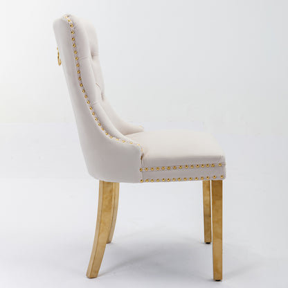 2 pcs High-End Tufted Contemporary Velvet Chair with Stainless Golden Legs- Beige