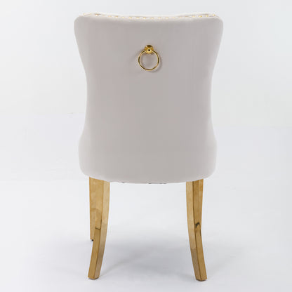 2 pcs High-End Tufted Contemporary Velvet Chair with Stainless Golden Legs- Beige