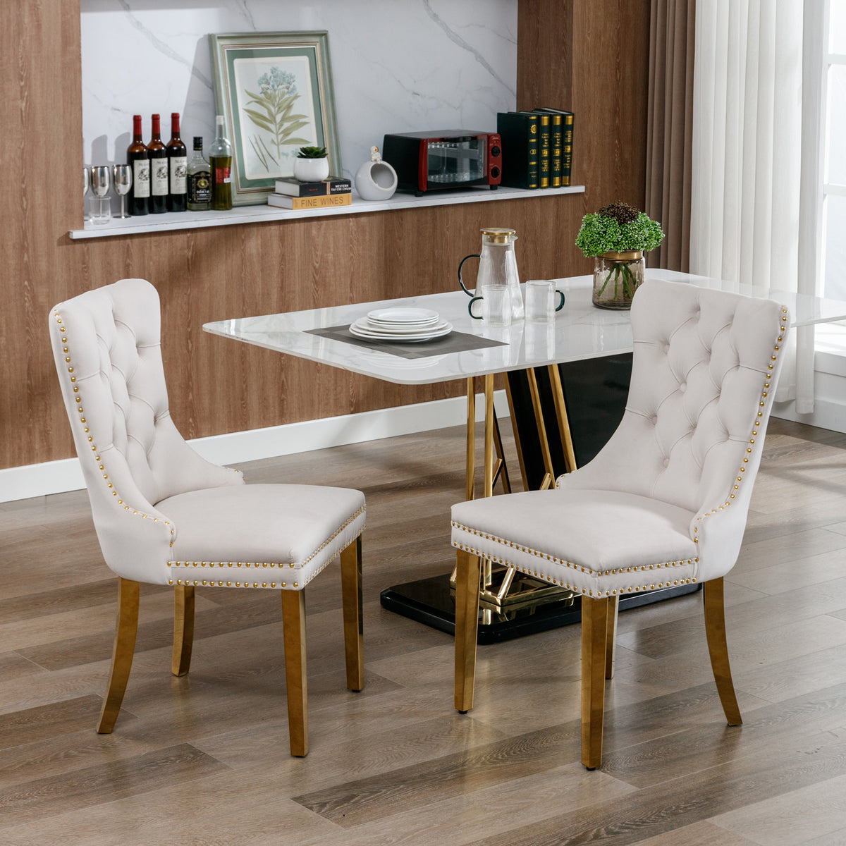 2 pcs High-End Tufted Contemporary Velvet Chair with Stainless Golden Legs- Beige