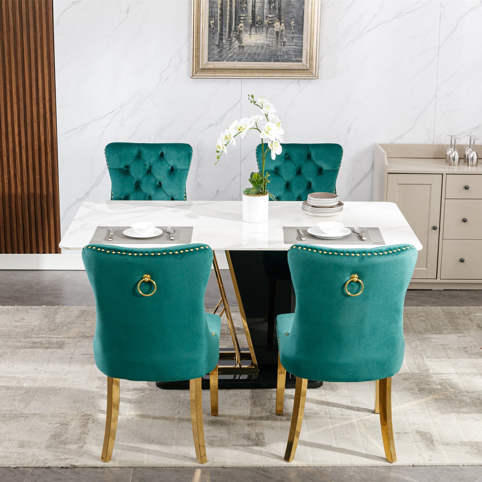 2 pcs High-End Tufted Contemporary Velvet Chair with Stainless Golden Legs- Green