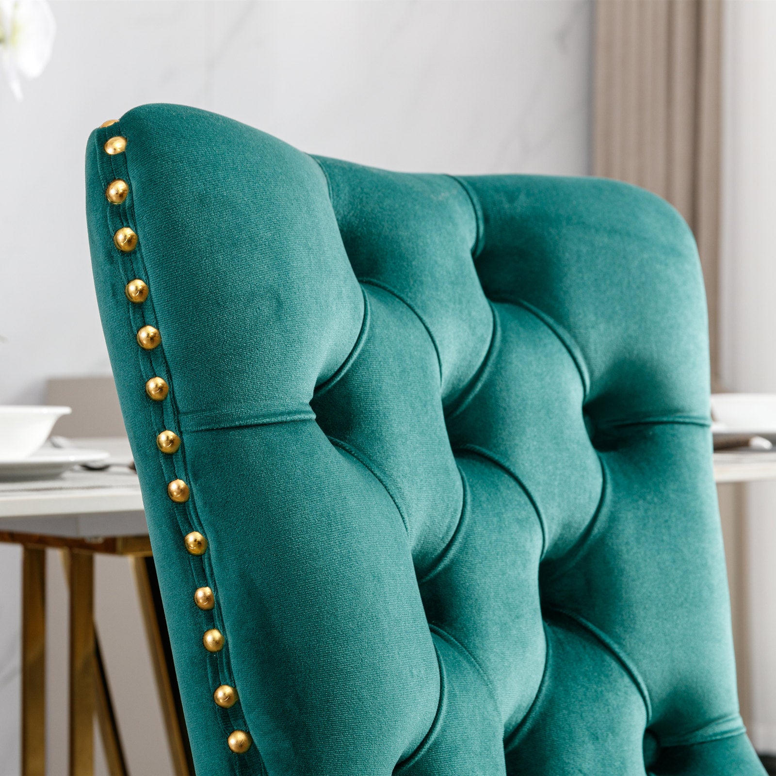 2 pcs High-End Tufted Contemporary Velvet Chair with Stainless Golden Legs- Green