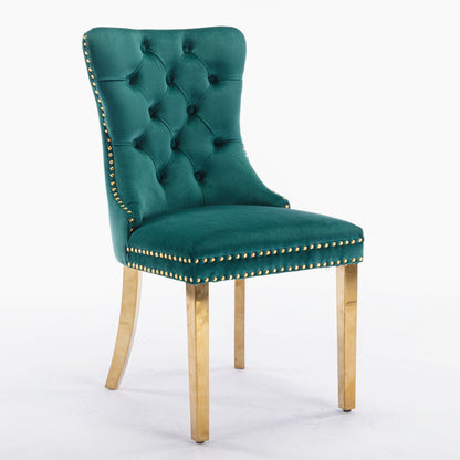 2 pcs High-End Tufted Contemporary Velvet Chair with Stainless Golden Legs- Green