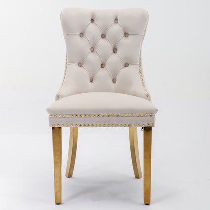 2 pcs High-End Tufted Contemporary Velvet Chair with Stainless Golden Legs- Beige