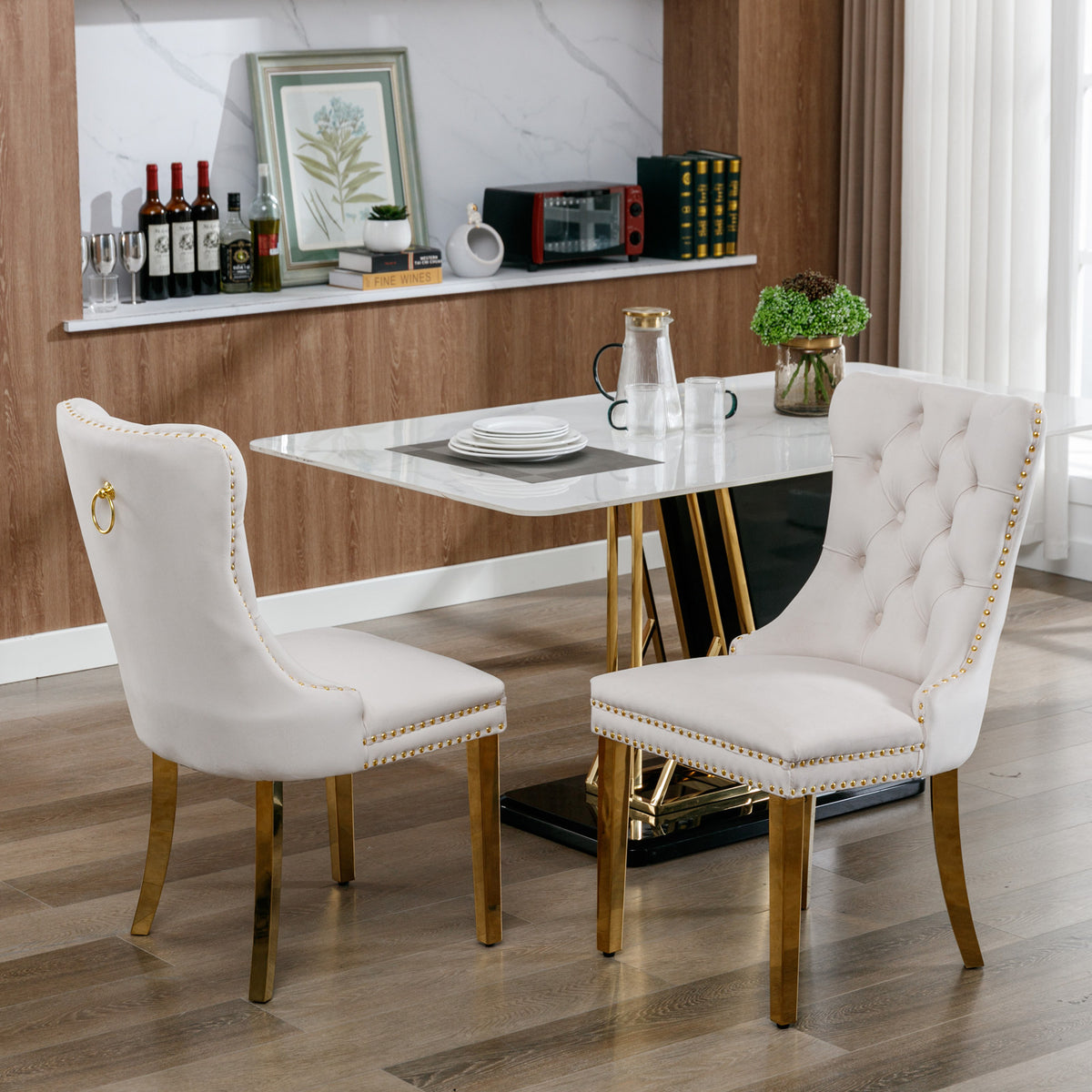 2 pcs High-End Tufted Contemporary Velvet Chair with Stainless Golden Legs- Beige