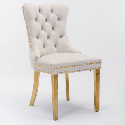 2 pcs High-End Tufted Contemporary Velvet Chair with Stainless Golden Legs- Beige