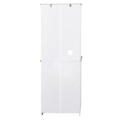 Wooden Pantry Room Microwave Storage with Framed Glass Doors and Drawer- White