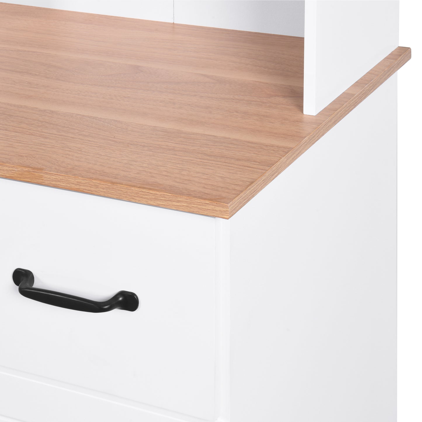 Wooden Pantry Room Microwave Storage with Framed Glass Doors and Drawer- White