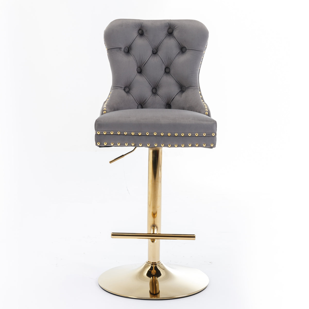 Set of 2 Height Adjustable Upholstered Tufted Velvet Armless Bar Stools with Gold Details- Gray